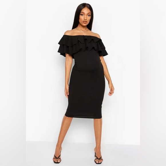 Boohoo Dresses & Skirts - BOOHOO Black Off the Shoulder Double Ruffle Bodycon Midi Dress EUC
